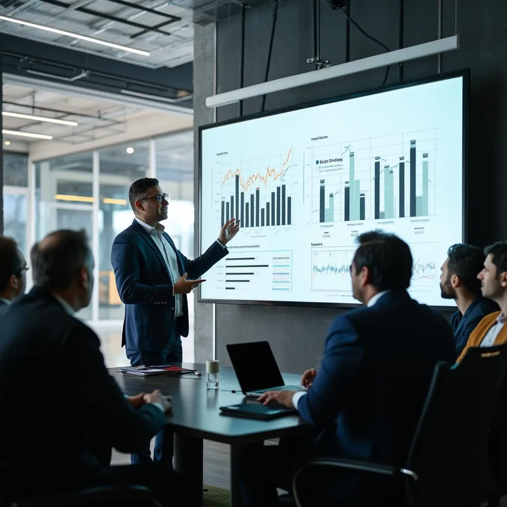 Consultor presentando estrategias a clientes