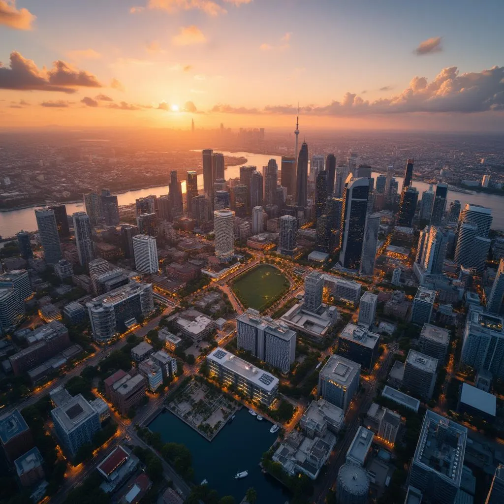 Distrito de negocios en Argentina al atardecer